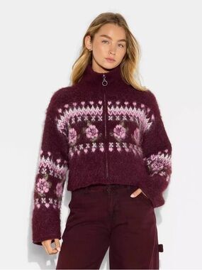 wild fable Burgundy & Pink Fair Isle Zip-Up Sweater
